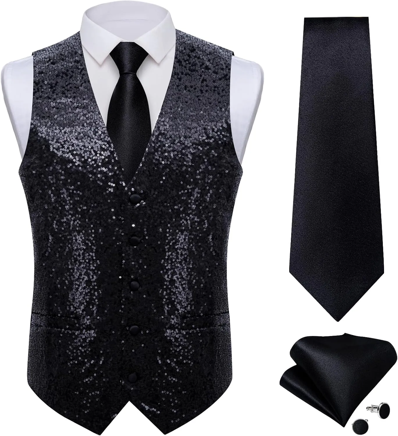 DiBanGu Mens Sequin Vest Casual V-neck Shiny Waistcoat Tie and Pocket Square Set Sharkly Solid Dress Vest for Prom Party
