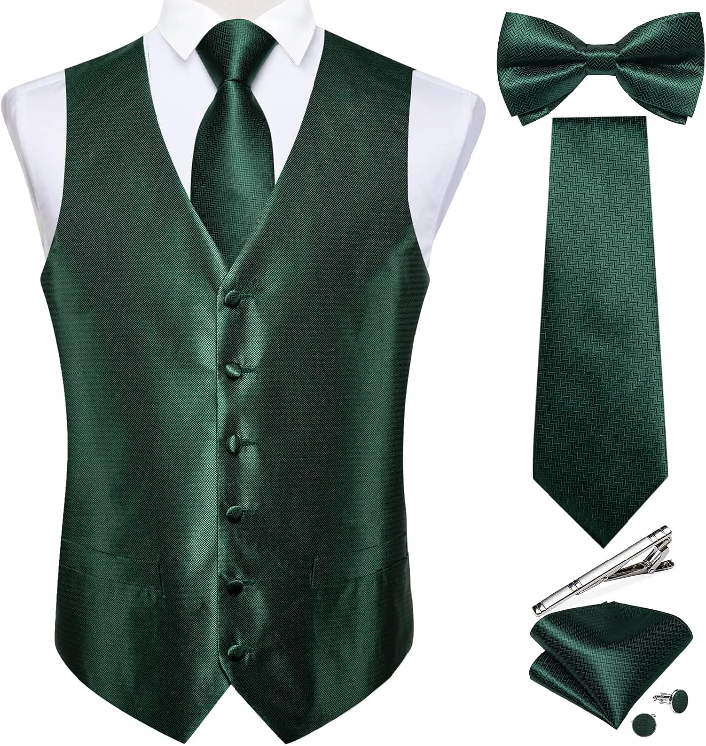 DiBanGu Men's Silk Paisley Vest and Necktie Set 6PCS Pre-tied Bow Tie Formal Waistcoat for Wedding Party