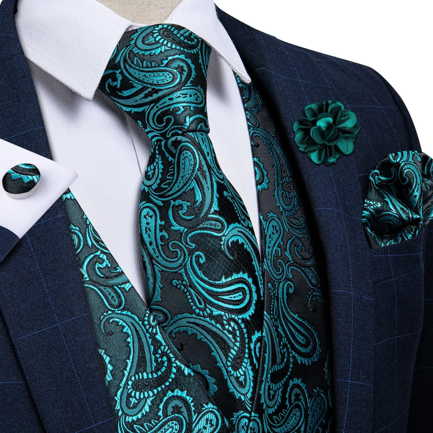 DiBanGu Mens Vest and Tie Set Formal Paisley Waistcoat and Necktie Pocket Square Cufflinks Silk Suit Vest for Tuxedo Wedding