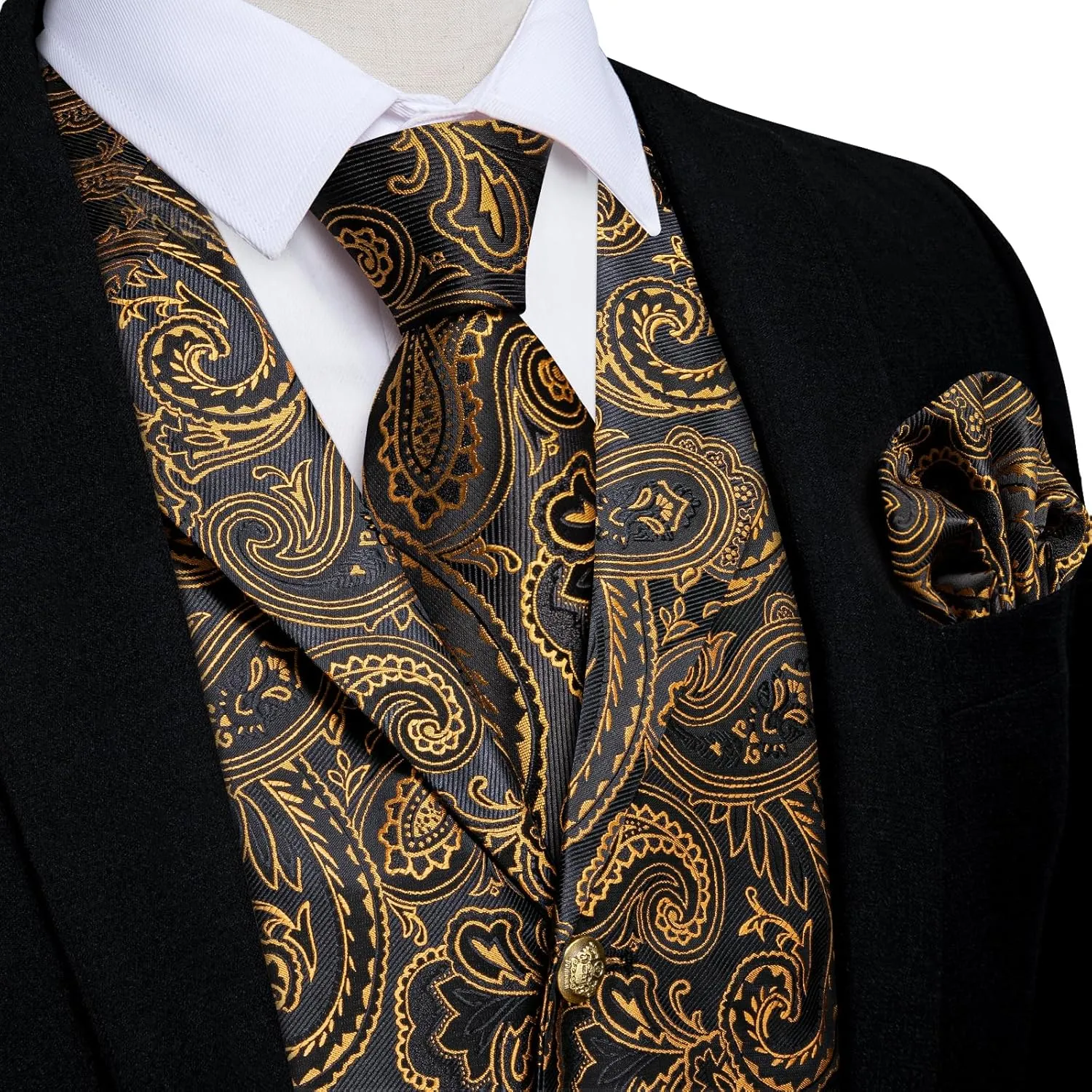 DiBanGu Mens Vest Tie Set 7PCS Silk Paisley Suit Waistcoat and Necktie Hankerchief Cufflinks Lapel Pin Set for Wedding Party