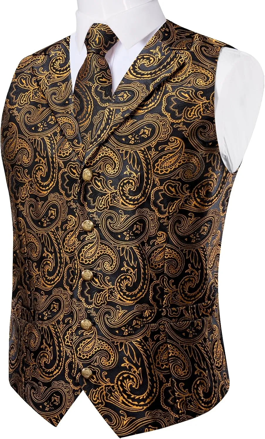DiBanGu Mens Vest Tie Set 7PCS Silk Paisley Suit Waistcoat and Necktie Hankerchief Cufflinks Lapel Pin Set for Wedding Party