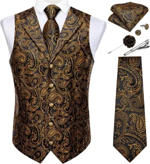 DiBanGu Mens Vest Tie Set 7PCS Silk Paisley Suit Waistcoat and Necktie Hankerchief Cufflinks Lapel Pin Set for Wedding Party
