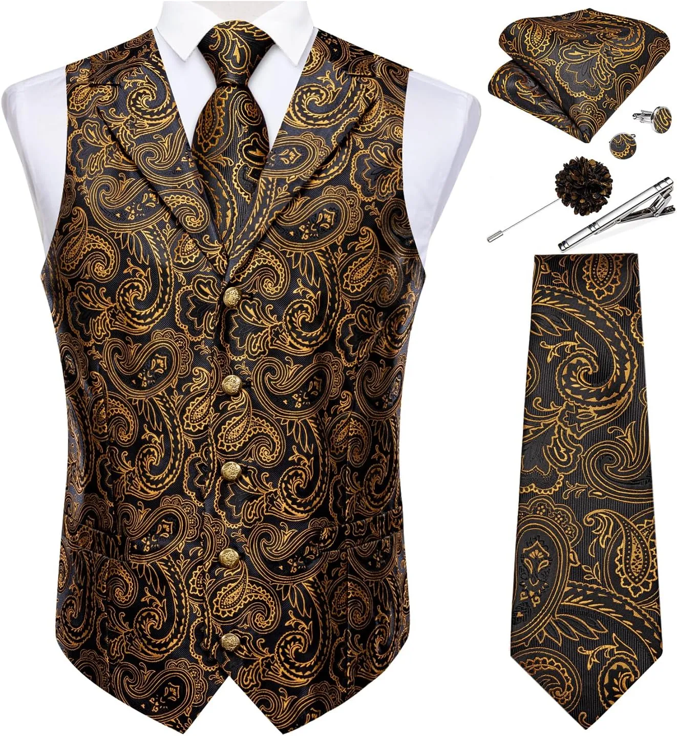DiBanGu Mens Vest Tie Set 7PCS Silk Paisley Suit Waistcoat and Necktie Hankerchief Cufflinks Lapel Pin Set for Wedding Party