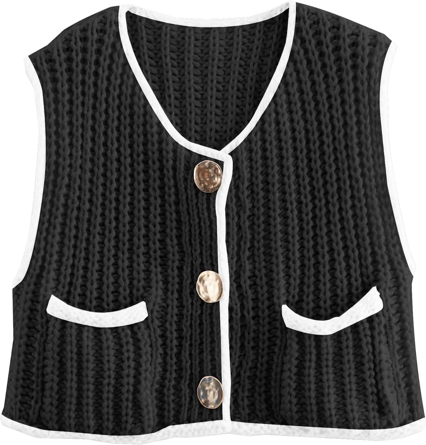 Disamer Sleeveless Sweater Vest for Women Crochet Knit Button Down Crop Cardigan Sleeveless Tank Tops with Pockets