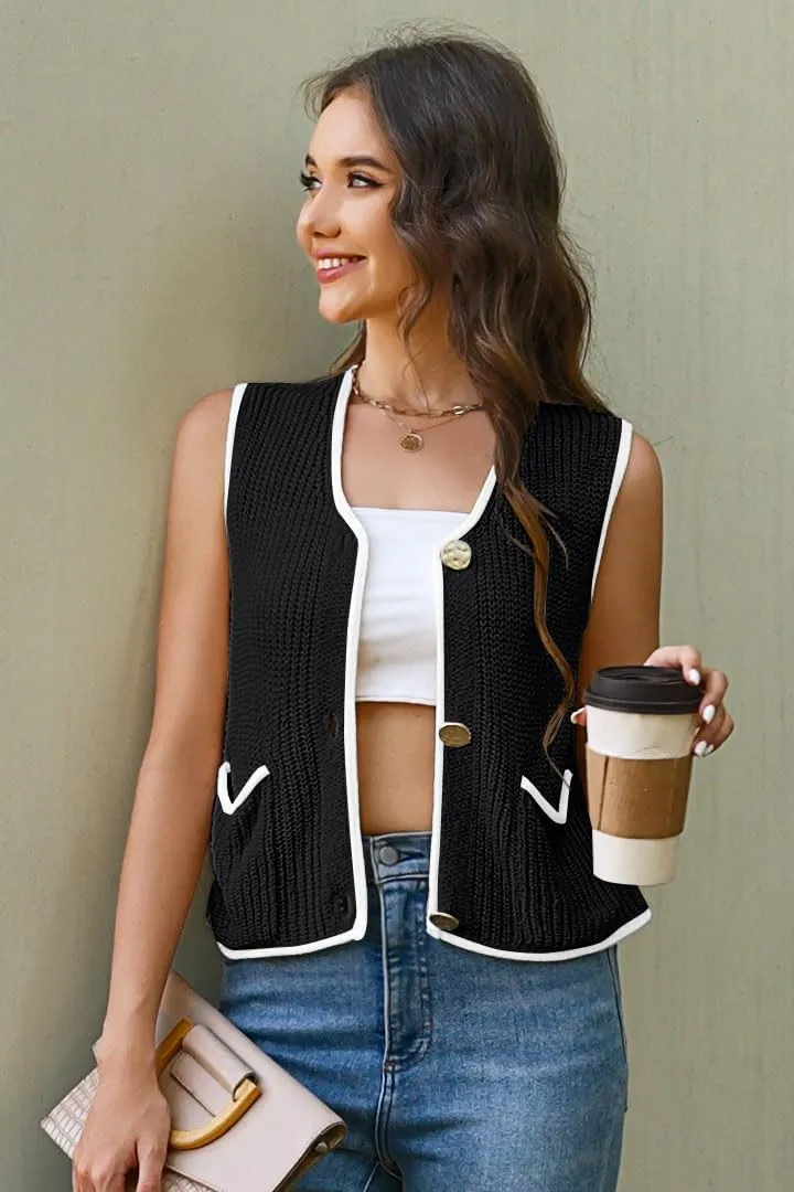 Disamer Sleeveless Sweater Vest for Women Crochet Knit Button Down Crop Cardigan Sleeveless Tank Tops with Pockets