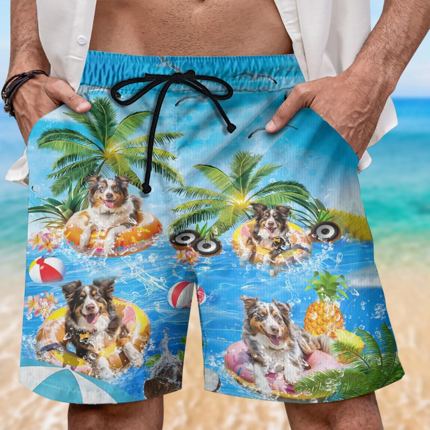 Dog Pool Party Mens Swim Trunks - Happy Dog Hawaiian Mens Shorts Casual - Summer Drawstring Beachwear Shorts PA92