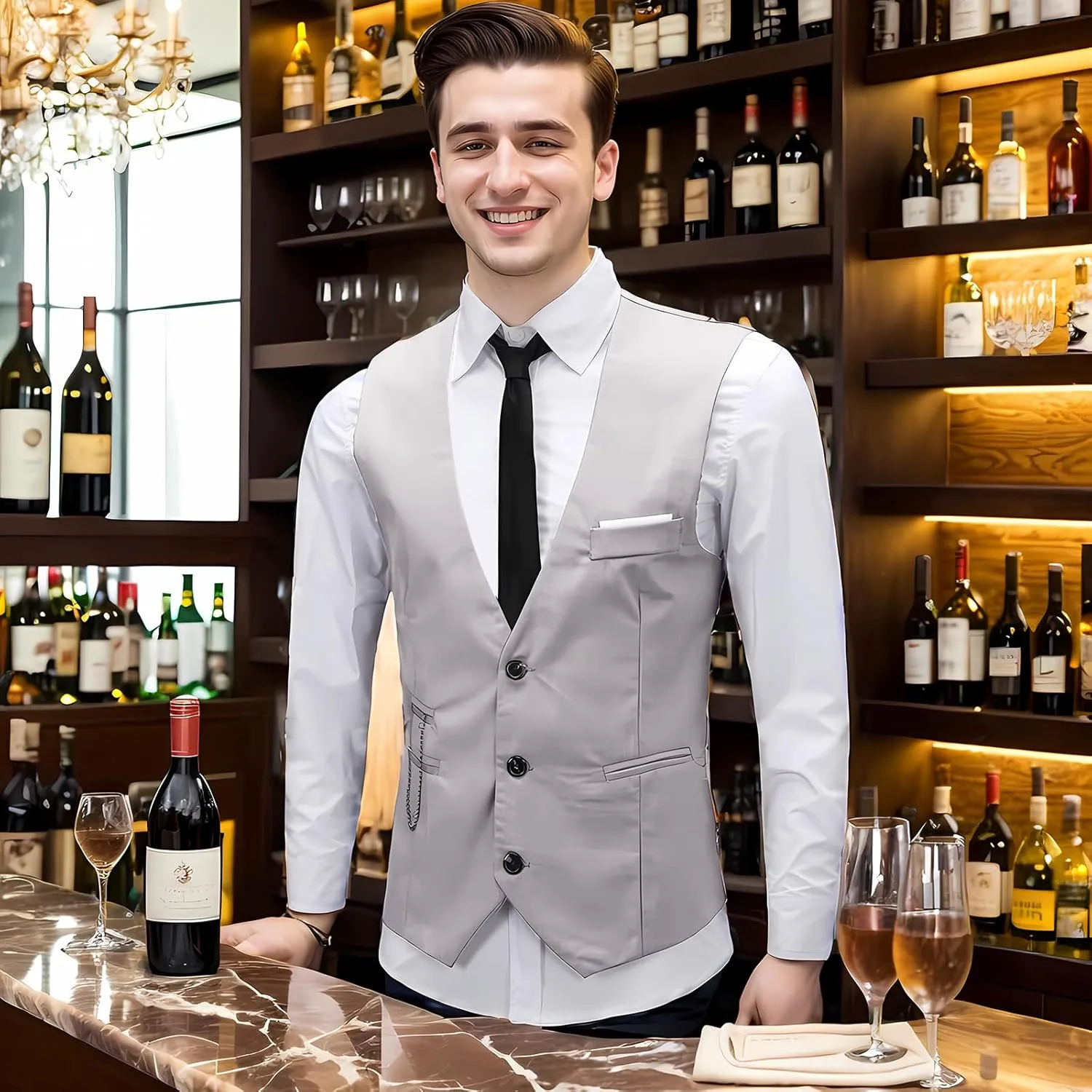 DOKKIA Men's Dress Vest Suit Waistcoat Formal Business Slim Fit V-neck Sleeveless Tuxedo Jacket with Chain