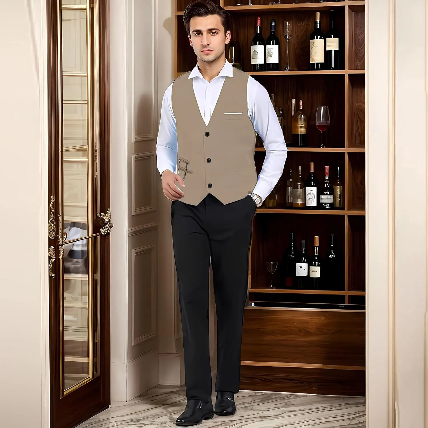 DOKKIA Men's Dress Vest Suit Waistcoat Formal Business Slim Fit V-neck Sleeveless Tuxedo Jacket with Chain
