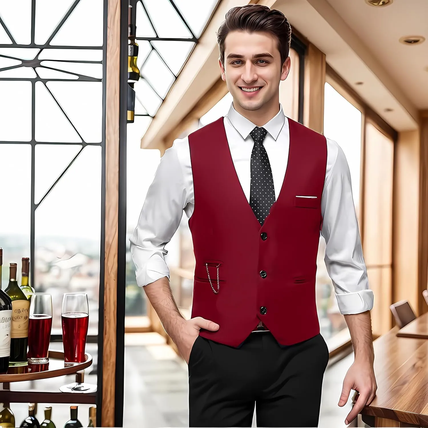 DOKKIA Men's Dress Vest Suit Waistcoat Formal Business Slim Fit V-neck Sleeveless Tuxedo Jacket with Chain