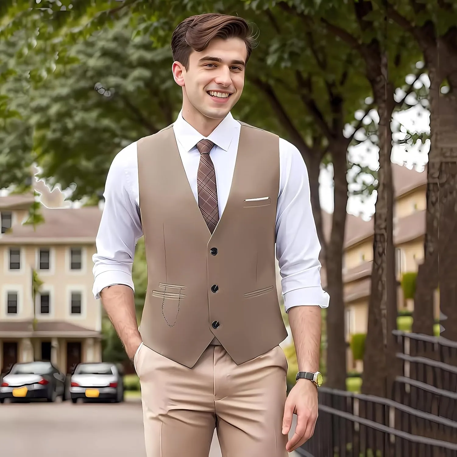 DOKKIA Men's Dress Vest Suit Waistcoat Formal Business Slim Fit V-neck Sleeveless Tuxedo Jacket with Chain