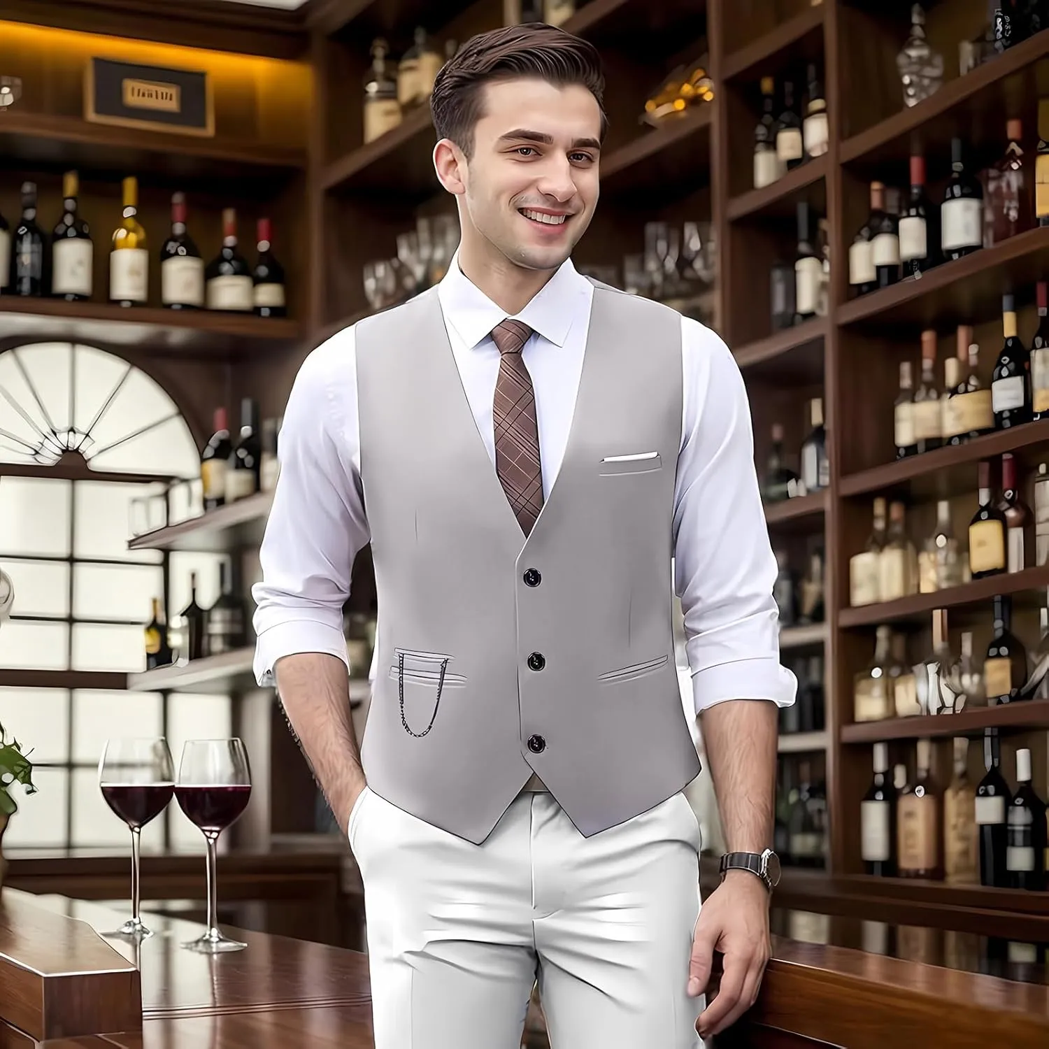 DOKKIA Men's Dress Vest Suit Waistcoat Formal Business Slim Fit V-neck Sleeveless Tuxedo Jacket with Chain