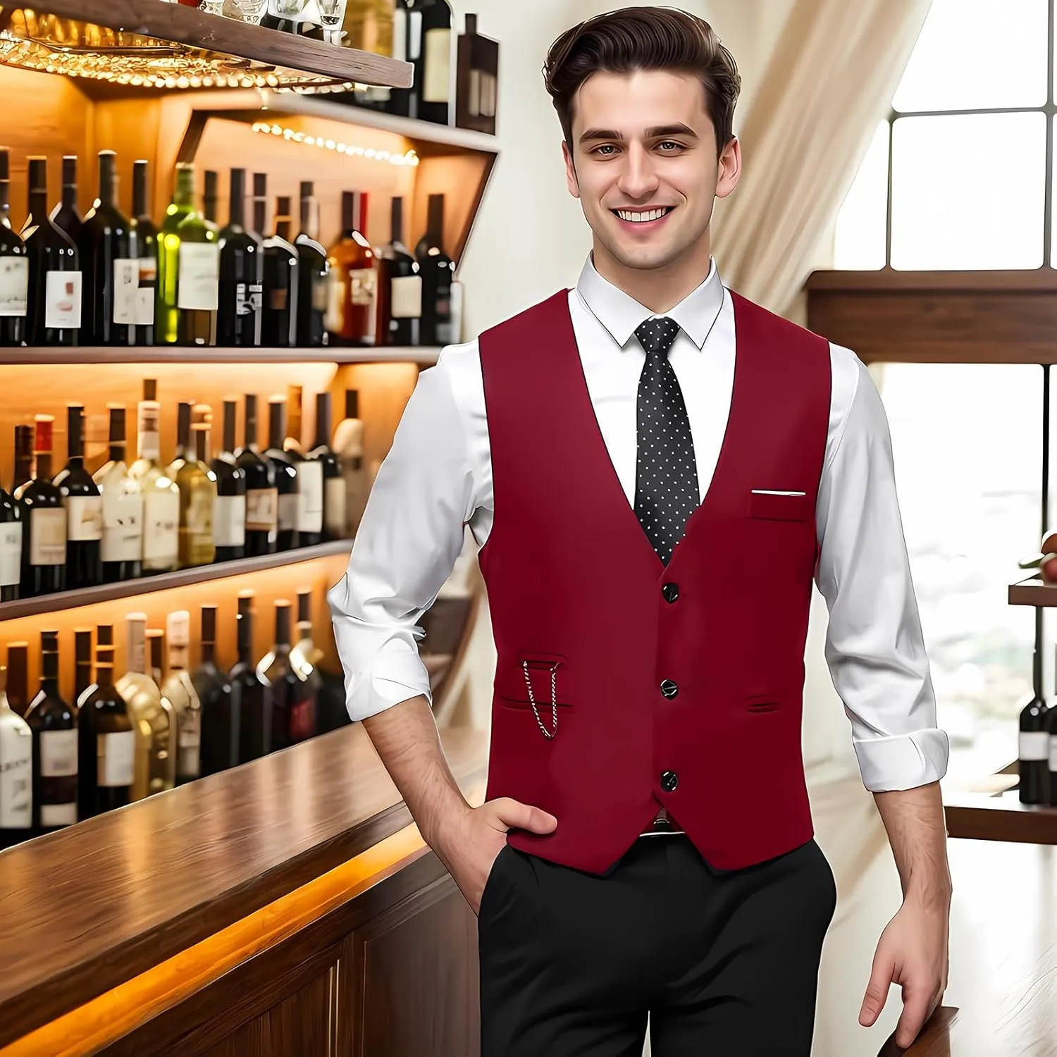 DOKKIA Men's Dress Vest Suit Waistcoat Formal Business Slim Fit V-neck Sleeveless Tuxedo Jacket with Chain