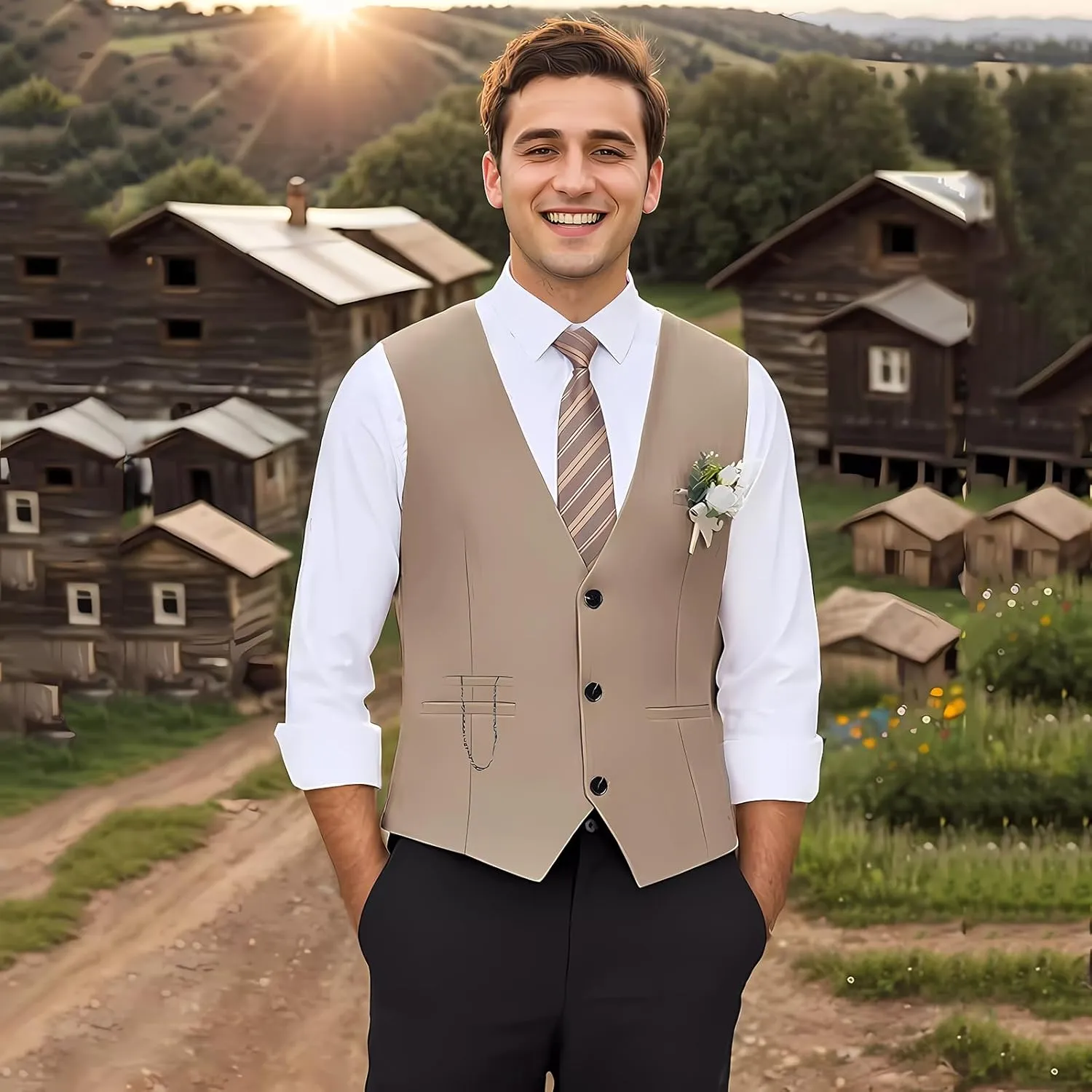 DOKKIA Men's Dress Vest Suit Waistcoat Formal Business Slim Fit V-neck Sleeveless Tuxedo Jacket with Chain