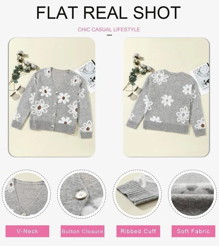 Dokotoo Cardigan Sweaters for Women Open Front Long Sleeve Button Down V-Neck Knit Floral Sweater