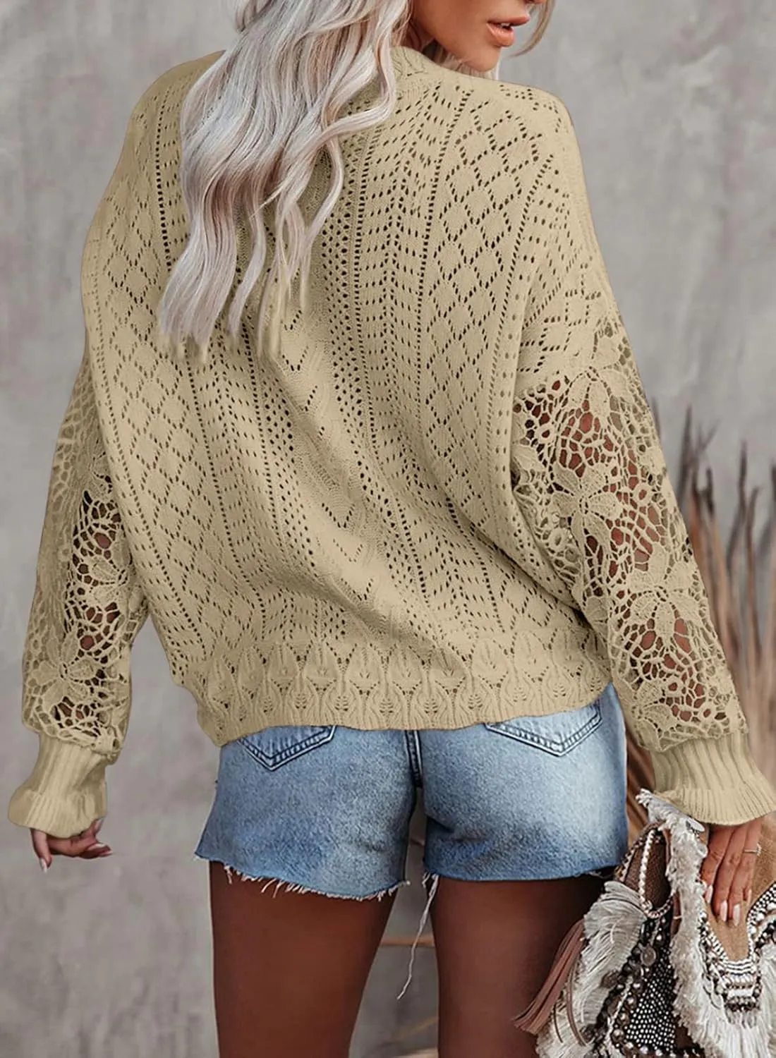 Dokotoo Crochet Lace V Neck Long Sleeve Hollow Out Cable Knit Cardigan for Women Sweaters Tops