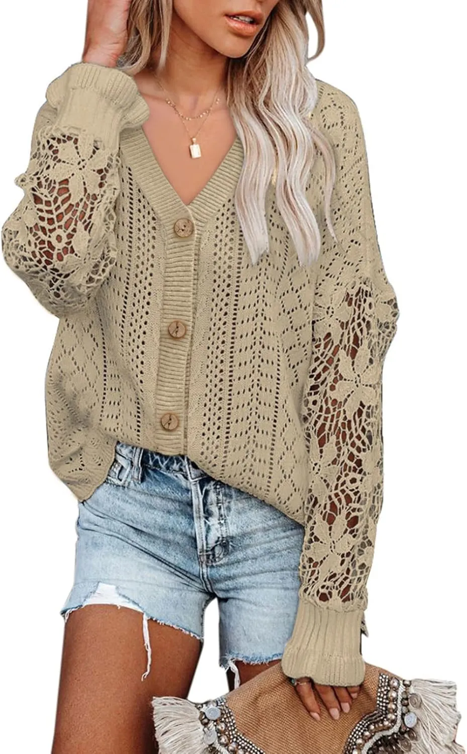 Dokotoo Crochet Lace V Neck Long Sleeve Hollow Out Cable Knit Cardigan for Women Sweaters Tops