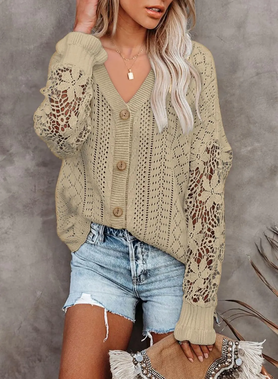 Dokotoo Crochet Lace V Neck Long Sleeve Hollow Out Cable Knit Cardigan for Women Sweaters Tops