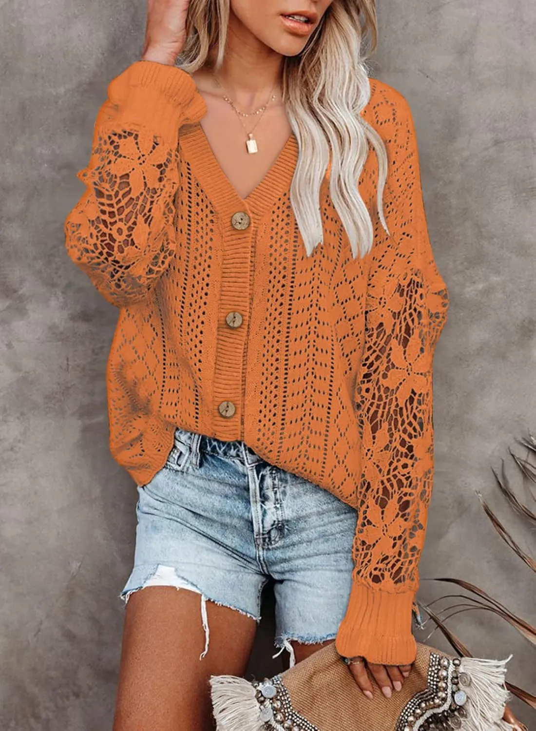 Dokotoo Crochet Lace V Neck Long Sleeve Hollow Out Cable Knit Cardigan for Women Sweaters Tops