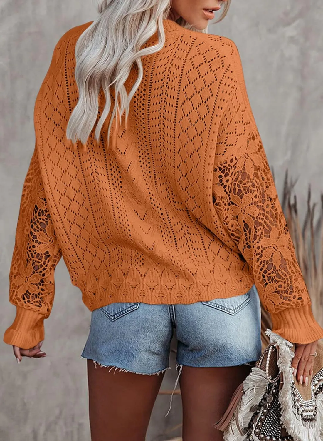 Dokotoo Crochet Lace V Neck Long Sleeve Hollow Out Cable Knit Cardigan for Women Sweaters Tops