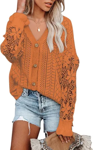 Dokotoo Crochet Lace V Neck Long Sleeve Hollow Out Cable Knit Cardigan for Women Sweaters Tops