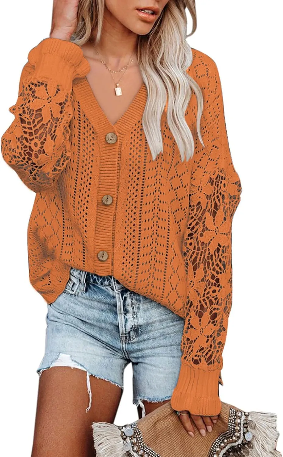 Dokotoo Crochet Lace V Neck Long Sleeve Hollow Out Cable Knit Cardigan for Women Sweaters Tops