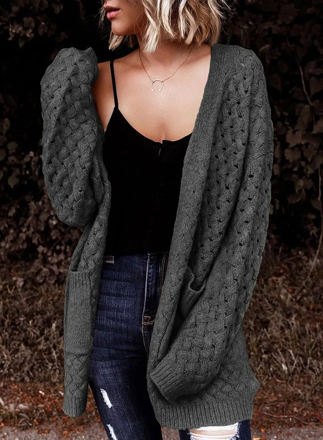 Dokotoo Women's 2024 Fashion Casual Open Front Long Sleeve Chunky Cable Knit Cardigans Sweaters Outerwear Coats with Pockets