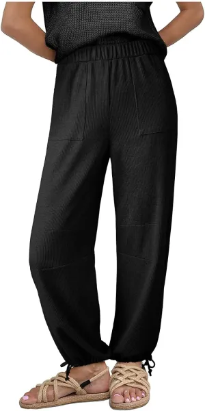 Dokotoo Womens Baggy Wide Leg Pants Drawstrings Cuffs Elastic Waisted Loose Palazzo Casual Harem Pants with Pockets