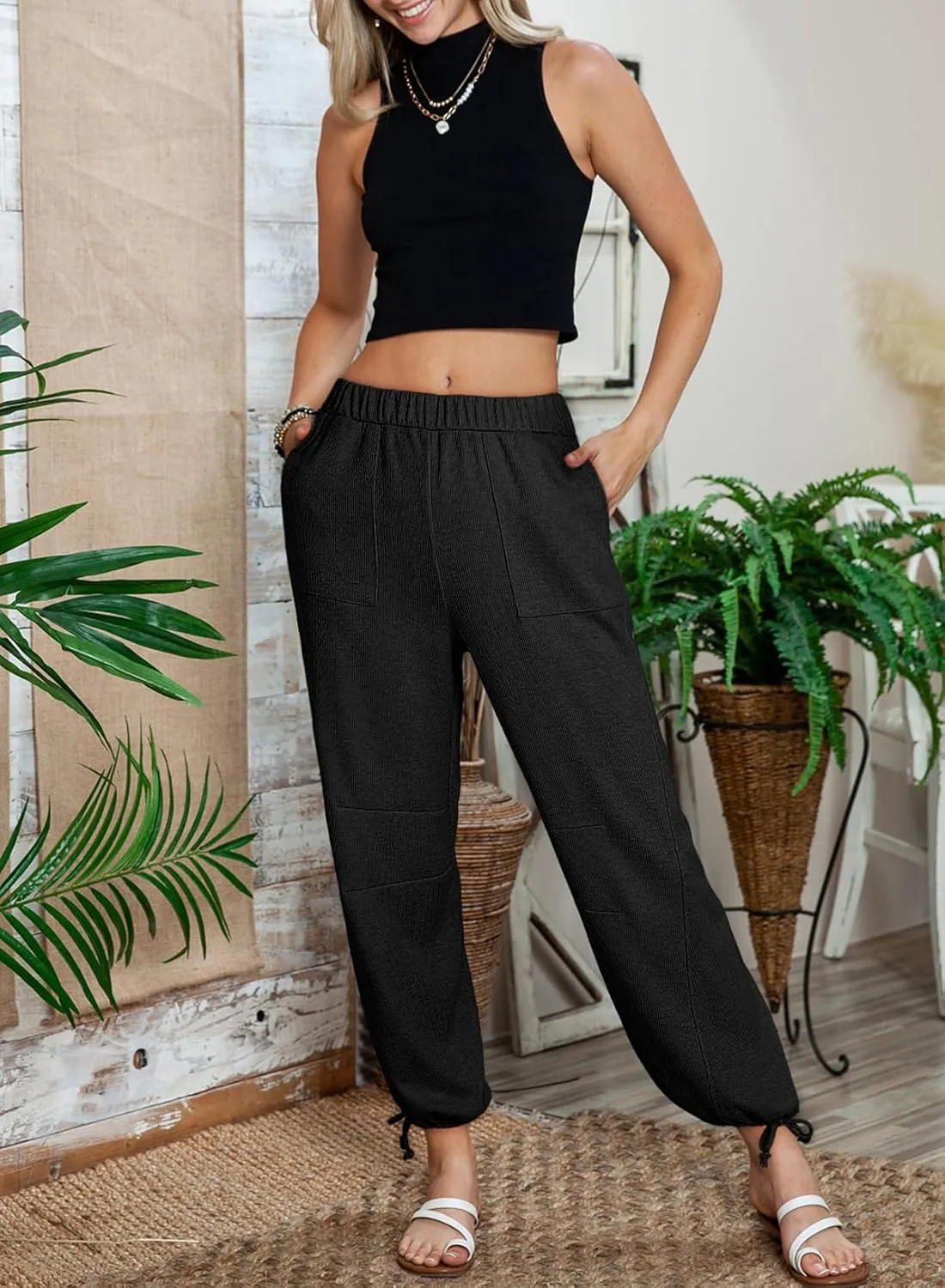 Dokotoo Womens Baggy Wide Leg Pants Drawstrings Cuffs Elastic Waisted Loose Palazzo Casual Harem Pants with Pockets