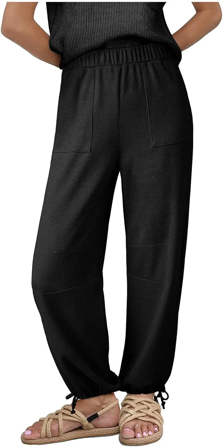 Dokotoo Womens Baggy Wide Leg Pants Drawstrings Cuffs Elastic Waisted Loose Palazzo Casual Harem Pants with Pockets