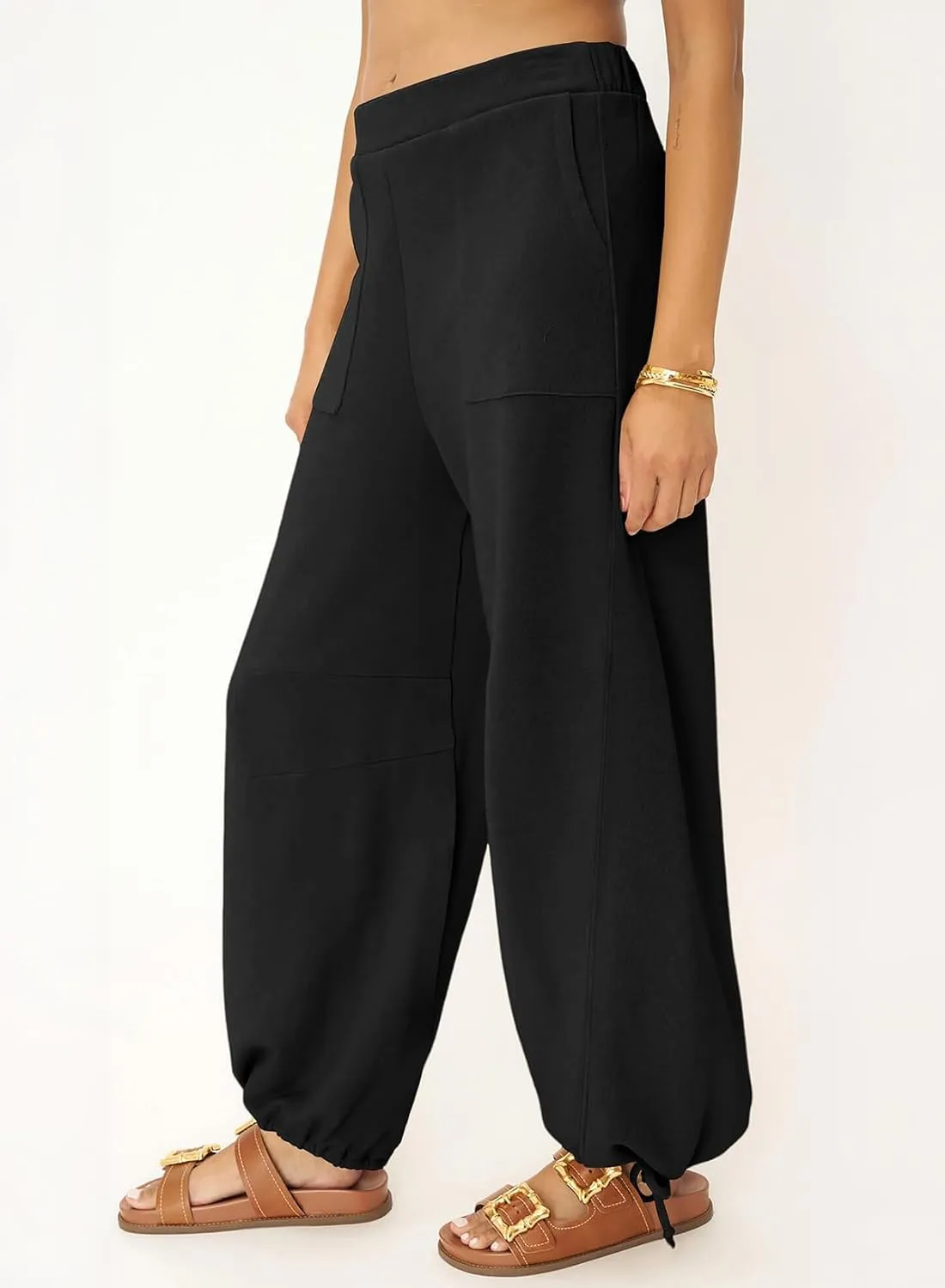 Dokotoo Womens Baggy Wide Leg Pants Drawstrings Cuffs Elastic Waisted Loose Palazzo Casual Harem Pants with Pockets