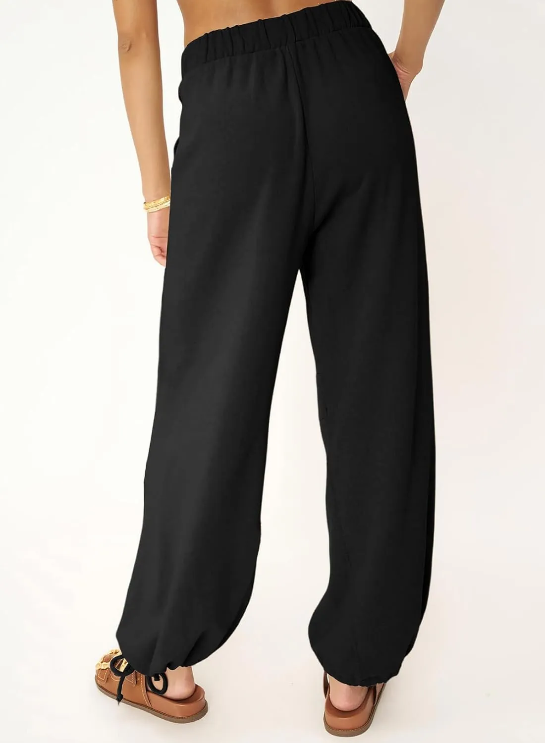 Dokotoo Womens Baggy Wide Leg Pants Drawstrings Cuffs Elastic Waisted Loose Palazzo Casual Harem Pants with Pockets
