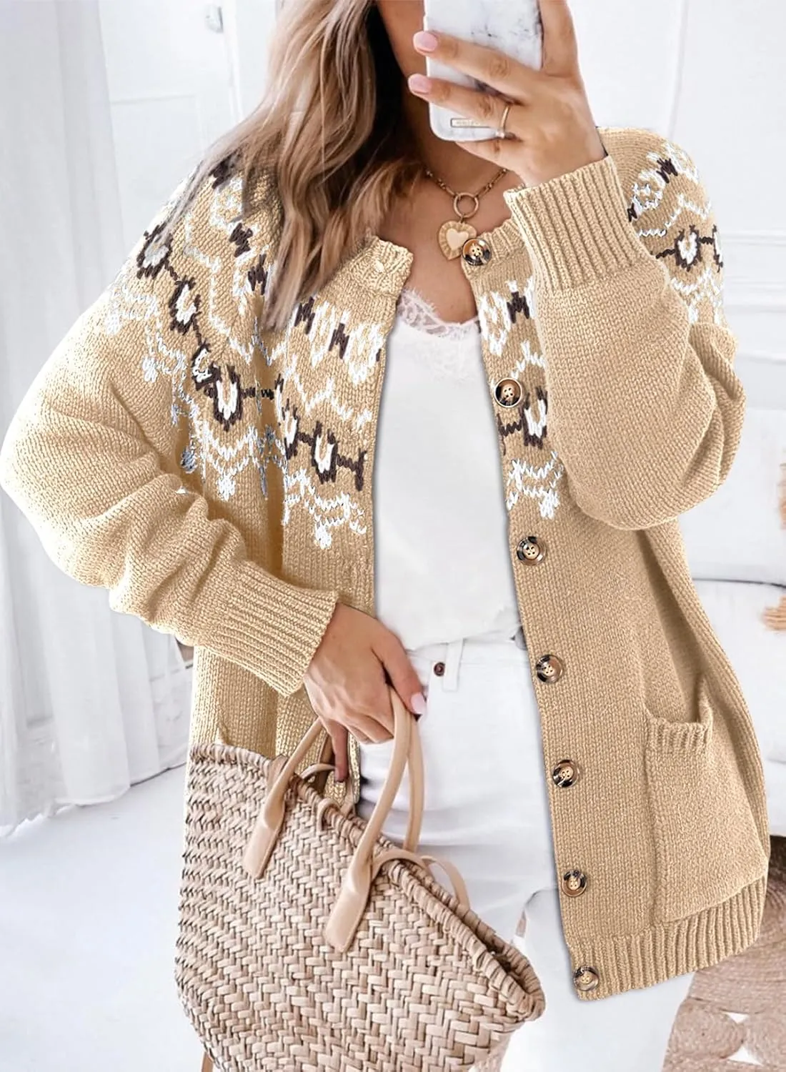 Dokotoo Womens Cardigans Casual Long Sleeve Chunky Knit Fall Winter Button Down Fair Isle Cardigan Sweaters