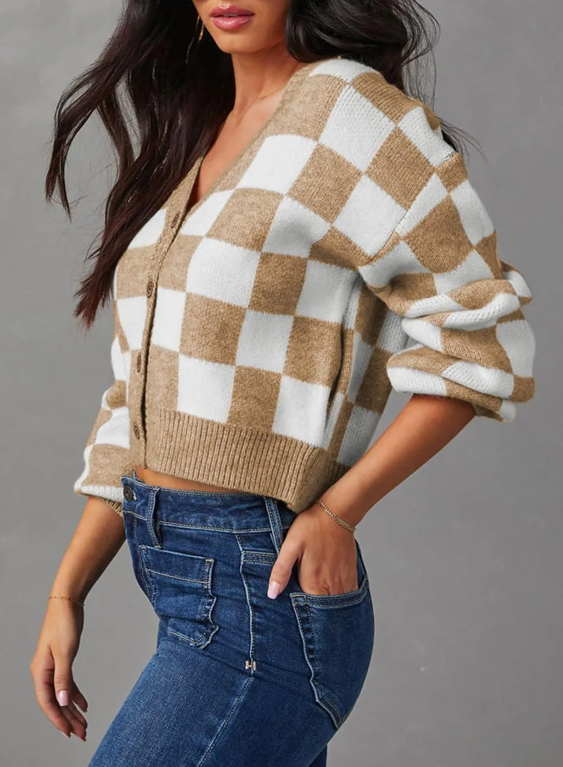 Dokotoo Womens Checkered V Neck Button Down Long Sleeve Cable Knit Cropped Cardigan Sweaters Tops