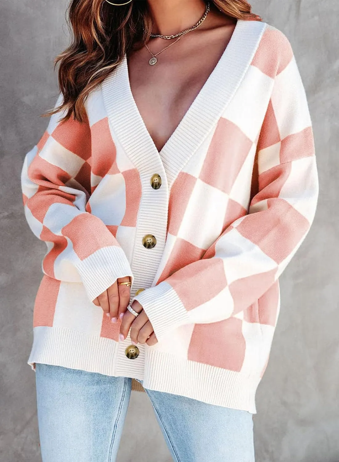 Dokotoo Womens Plaid V Neck Button Down Long Sleeve Cable Knit Oversized Cardigan Sweaters Tops