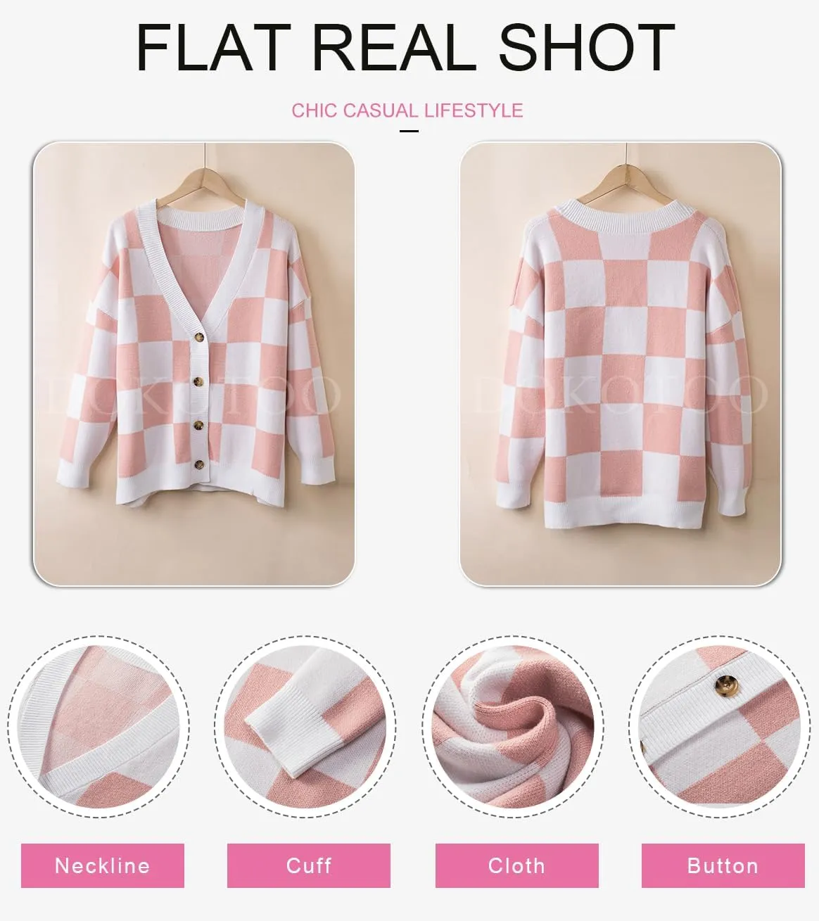 Dokotoo Womens Plaid V Neck Button Down Long Sleeve Cable Knit Oversized Cardigan Sweaters Tops