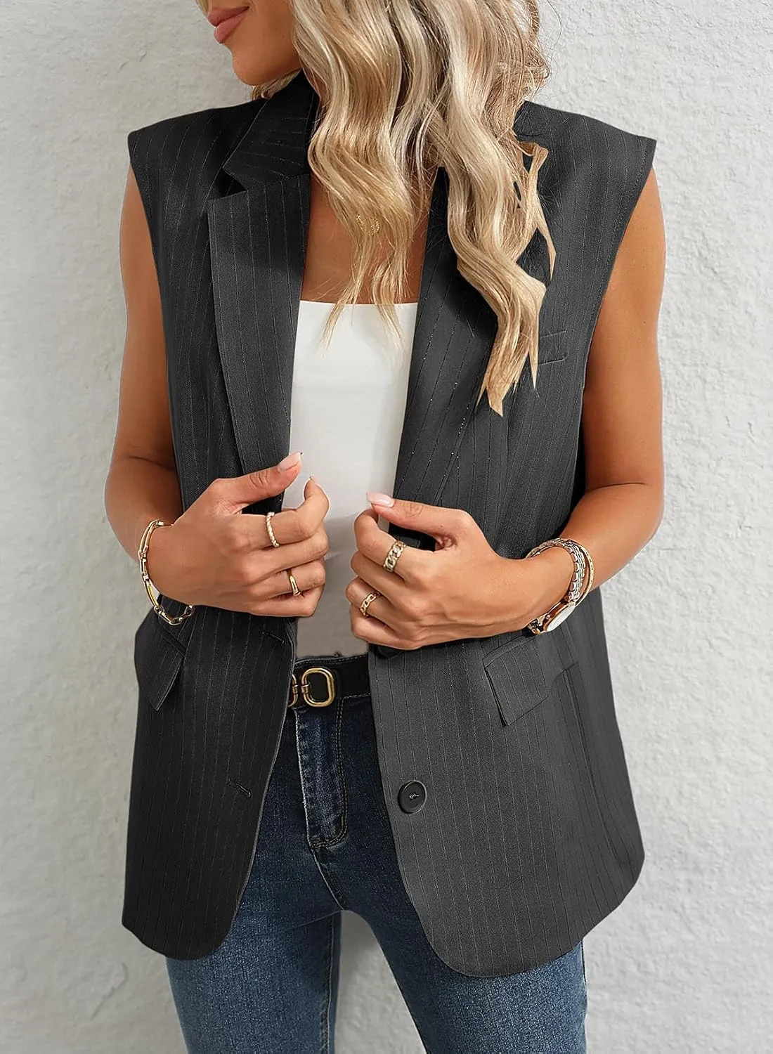 Dokotoo Womens Vest Dressy Casual Stripes Sleeveless Blazer Button Up Lightweight Summer Work Office Suit Vest