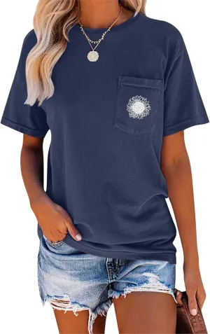 EADINVE Women's Crew Neck Short Sleeve Summer Sunflower Graphic Printed Tee Vintage T-Shirt with Pockets Loose Fitting Tops