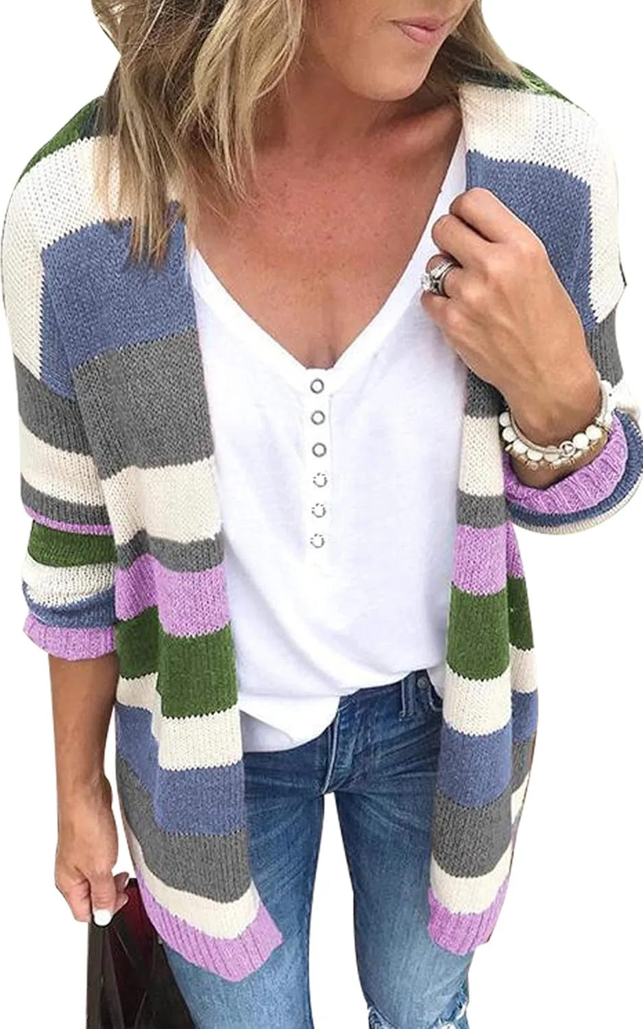 ECOWISH Cardigan Sweaters for Women Lightweight Fall Color Block Striped Long Sleeve Open Front Cozy Knitted Coats Outwear