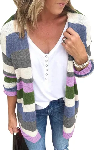 ECOWISH Cardigan Sweaters for Women Lightweight Fall Color Block Striped Long Sleeve Open Front Cozy Knitted Coats Outwear