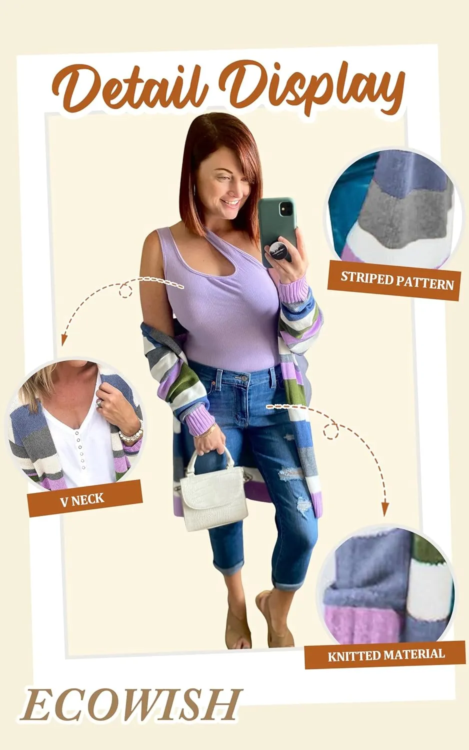 ECOWISH Cardigan Sweaters for Women Lightweight Fall Color Block Striped Long Sleeve Open Front Cozy Knitted Coats Outwear