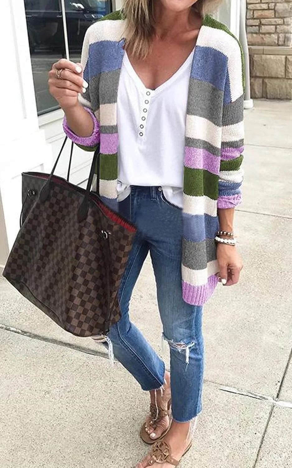 ECOWISH Cardigan Sweaters for Women Lightweight Fall Color Block Striped Long Sleeve Open Front Cozy Knitted Coats Outwear