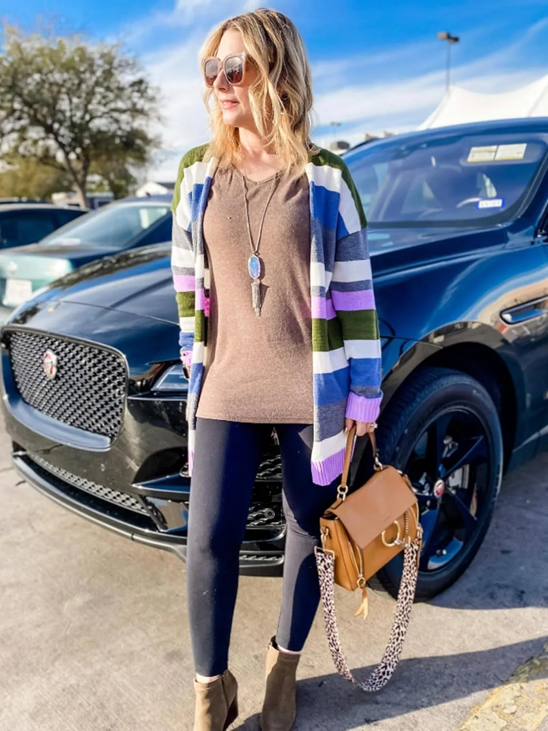 ECOWISH Cardigan Sweaters for Women Lightweight Fall Color Block Striped Long Sleeve Open Front Cozy Knitted Coats Outwear