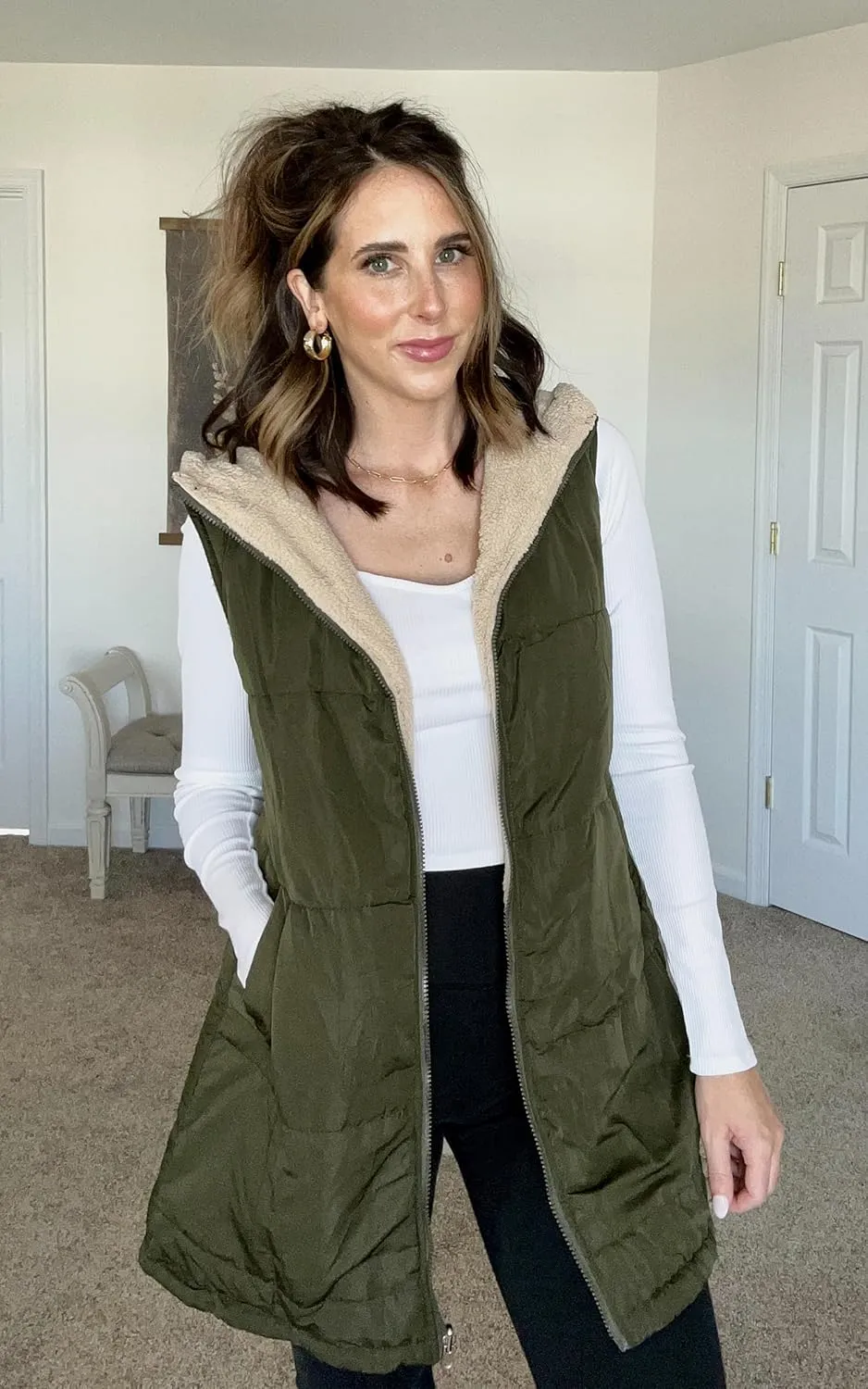 ECOWISH Women Long Puffer Vest: Fall Zip up Reversible Fleece Jacket 2024 Winter Warm Sleeveless Hooded Coat with Pockets