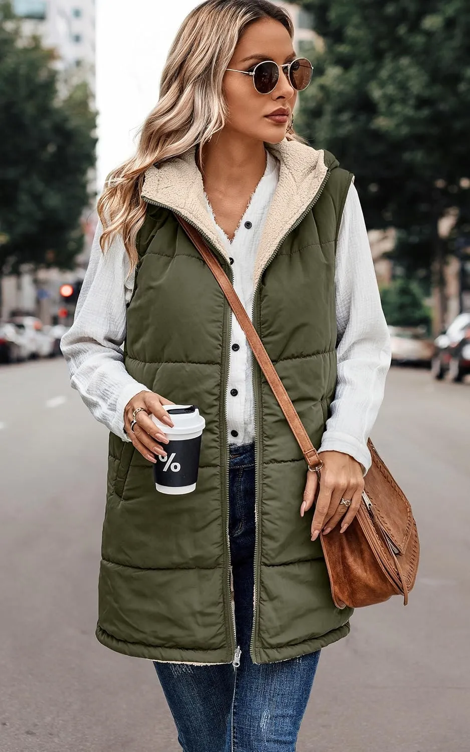 ECOWISH Women Long Puffer Vest: Fall Zip up Reversible Fleece Jacket 2024 Winter Warm Sleeveless Hooded Coat with Pockets