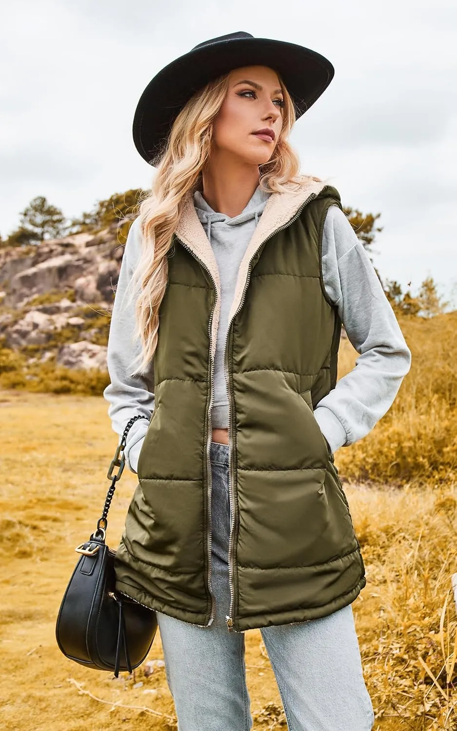 ECOWISH Women Long Puffer Vest: Fall Zip up Reversible Fleece Jacket 2024 Winter Warm Sleeveless Hooded Coat with Pockets