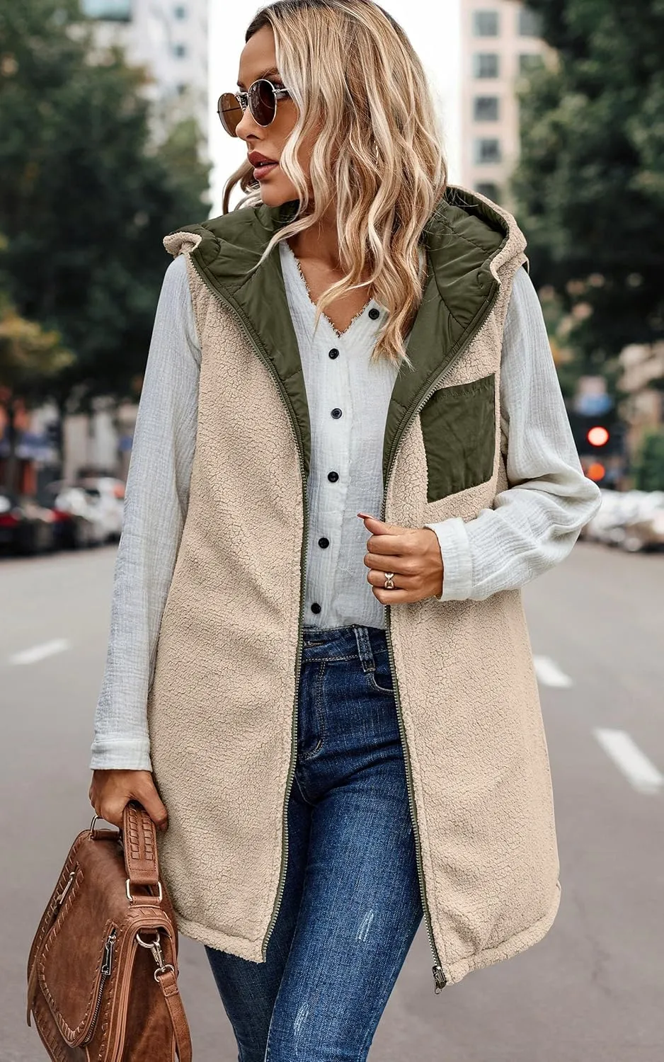 ECOWISH Women Long Puffer Vest: Fall Zip up Reversible Fleece Jacket 2024 Winter Warm Sleeveless Hooded Coat with Pockets