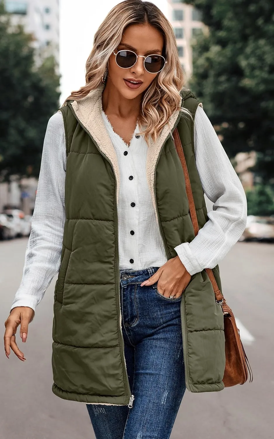 ECOWISH Women Long Puffer Vest: Fall Zip up Reversible Fleece Jacket 2024 Winter Warm Sleeveless Hooded Coat with Pockets