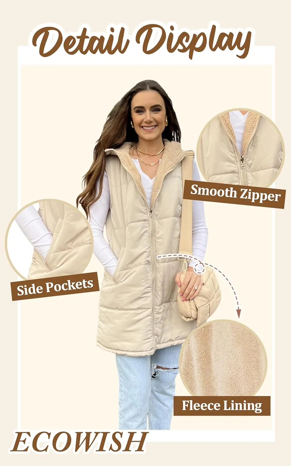 ECOWISH Women Long Puffer Vest: Fall Zip up Reversible Fleece Jacket 2024 Winter Warm Sleeveless Hooded Coat with Pockets