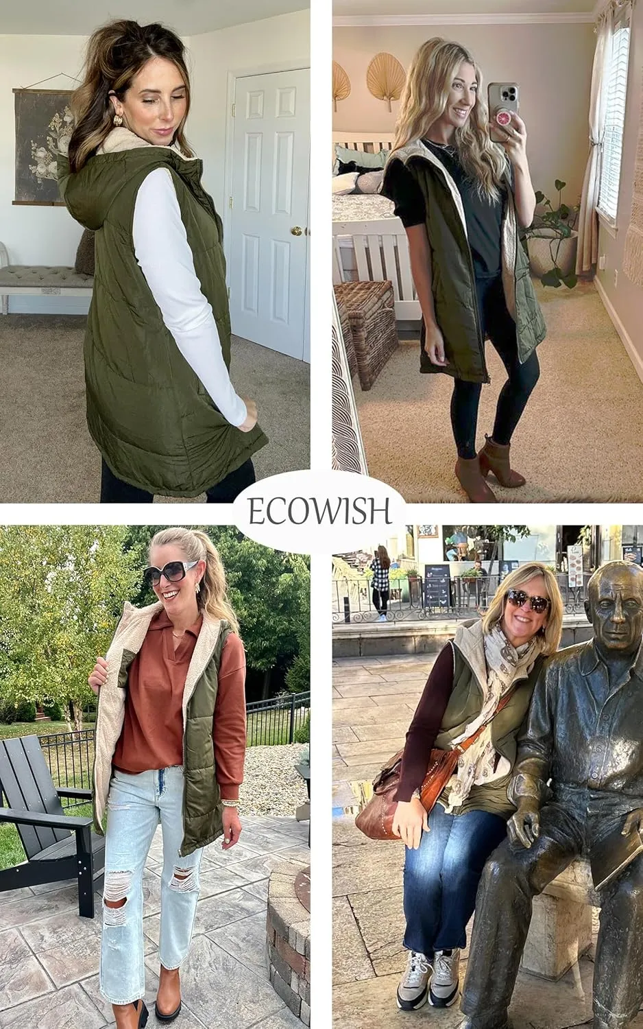ECOWISH Women Long Puffer Vest: Fall Zip up Reversible Fleece Jacket 2024 Winter Warm Sleeveless Hooded Coat with Pockets