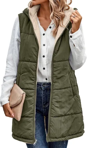 ECOWISH Women Long Puffer Vest: Fall Zip up Reversible Fleece Jacket 2024 Winter Warm Sleeveless Hooded Coat with Pockets